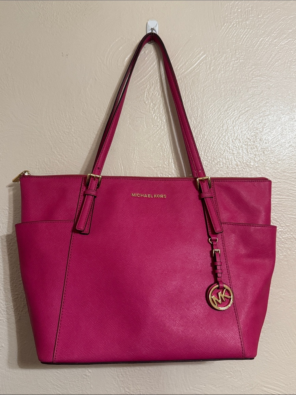 Michael Kors Fuchsia Leather Tote with Gold MK Charm